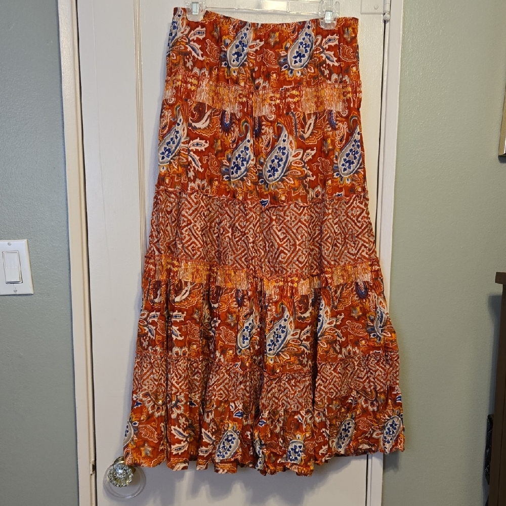 Bohemian Paisley Print Maxi Skirt - Bali Red/Orange